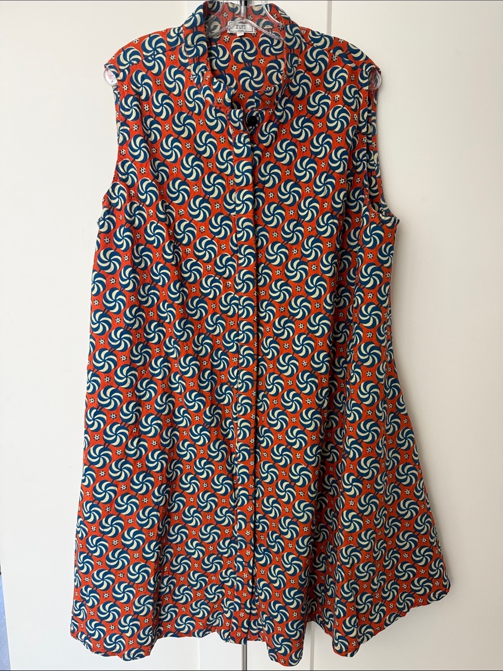 ZURI Button Down Sleeveless Dress Made In Kenya Pinwheel Orange Blue Color 2X